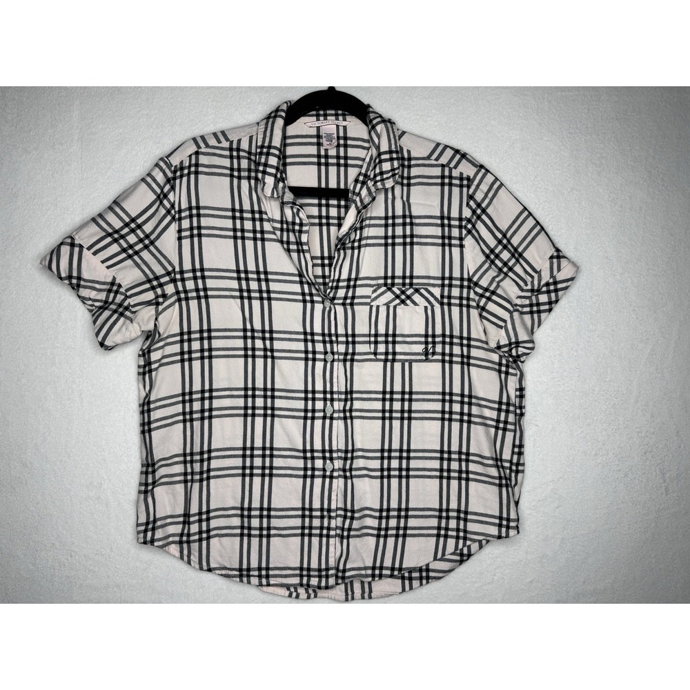 Victoria's Secret Sleep Shirt Pink‎ Black Plaid Short Sleeve Size Small